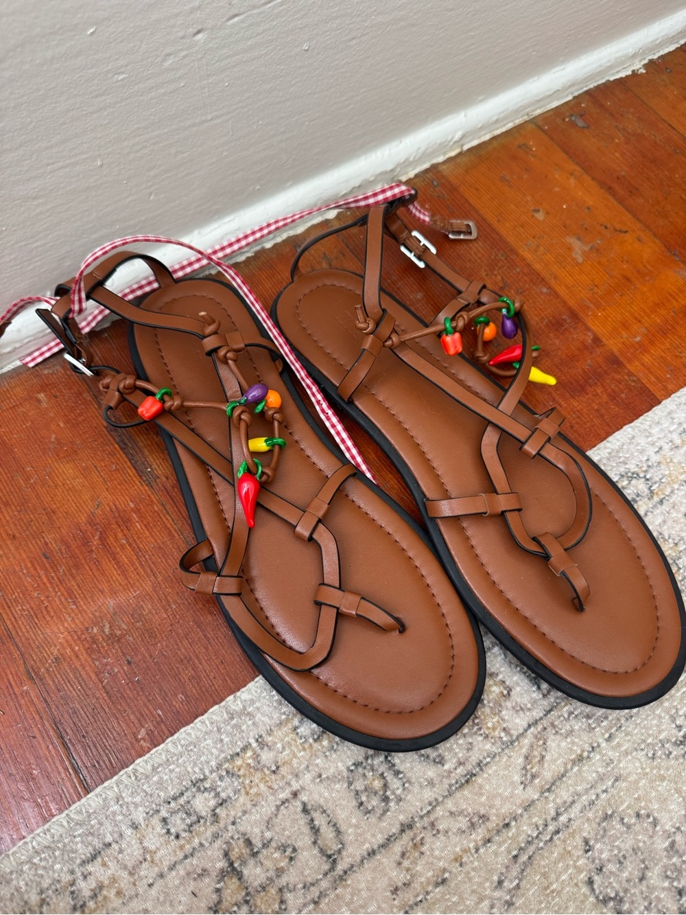 Zara Brown Leather Strap Women's Sandals with Multicolor Charms
